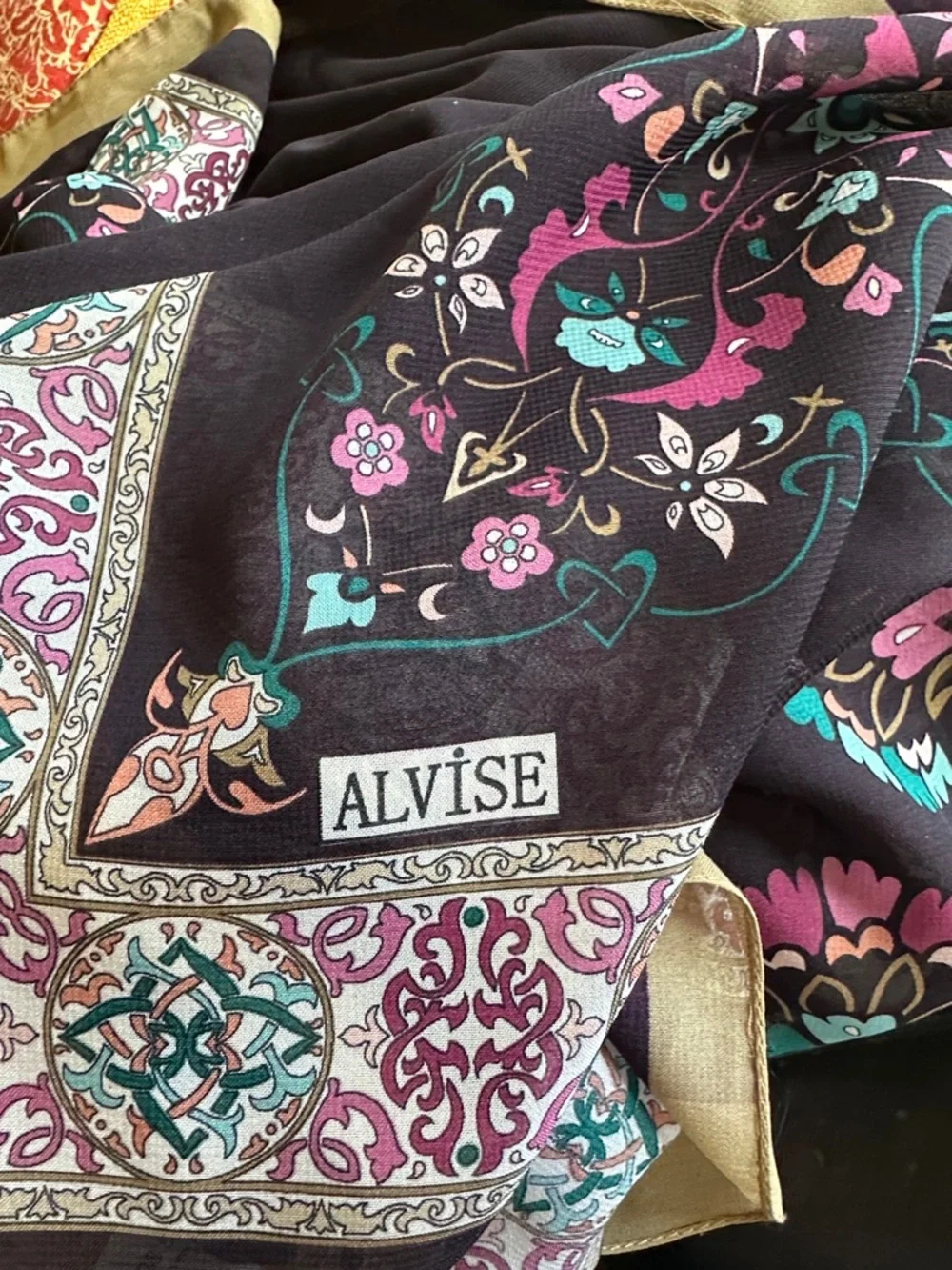 Eggplant Plum Scarf Floral Beige Border Teal Pink Lightweight Wrap by Alvise